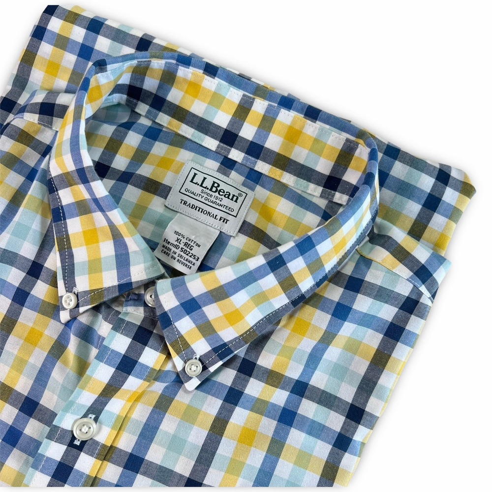 LL Bean Button Down Shirt Mens XL Blue Yellow Plaid Short Sleeve Traditional Fit
